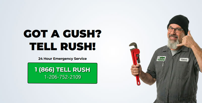 Robert Craul, owner of Rush Plumbing with a pipe wrench in hand, waiting for a phone call. With the phone number 206 752 2109 for plumbing service calls from Beaux
