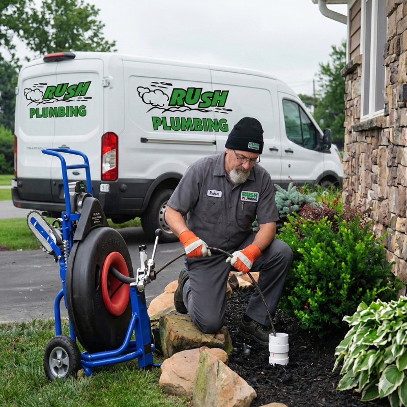 Rush Plumbing serviceman working snaking a drain to maintain a clean sewer line