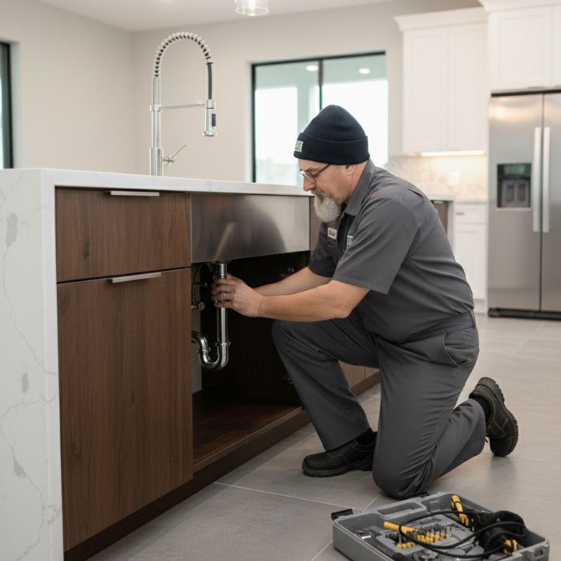 Rush Plumbing serviceman working under sink to shut off the water