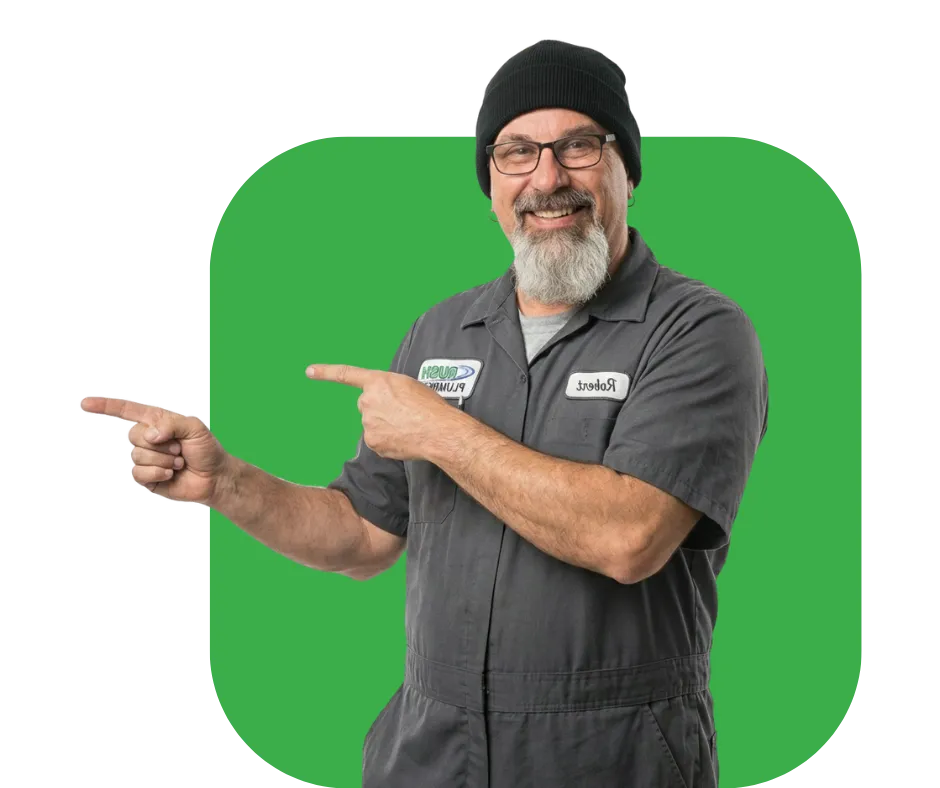 Robert Craul from Rush Plumbing pointing to the left, in case you need help with a plumbing emergency.
