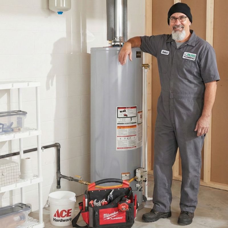 Robert Craul from Rush Plumbing posing with a newly installed waterheater 